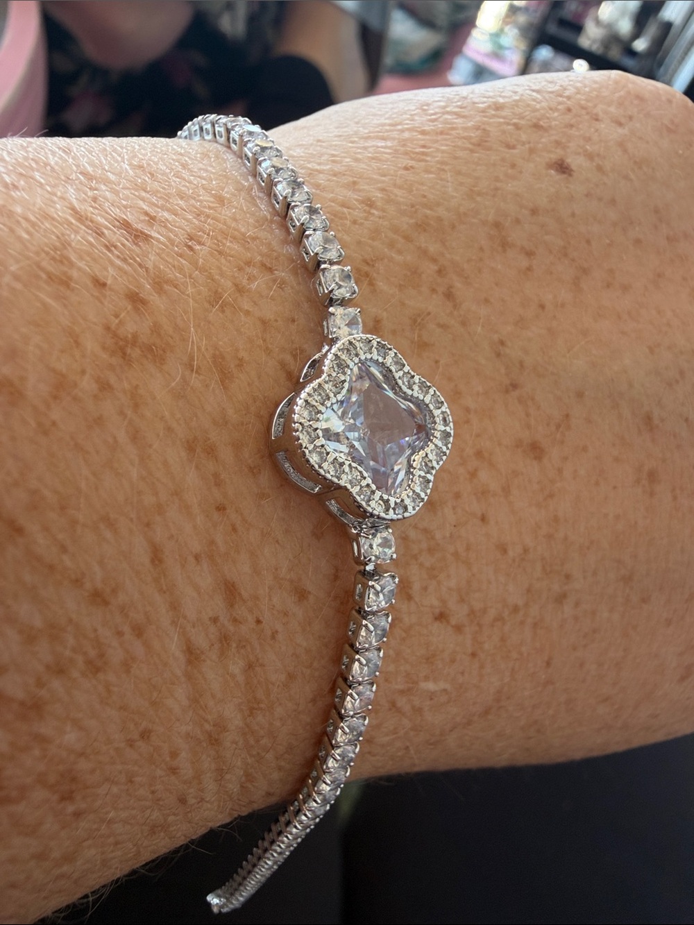 Silver Crystal Clover Tennis Bracelet - Clear Crystal Accent - Picture 2 of 4